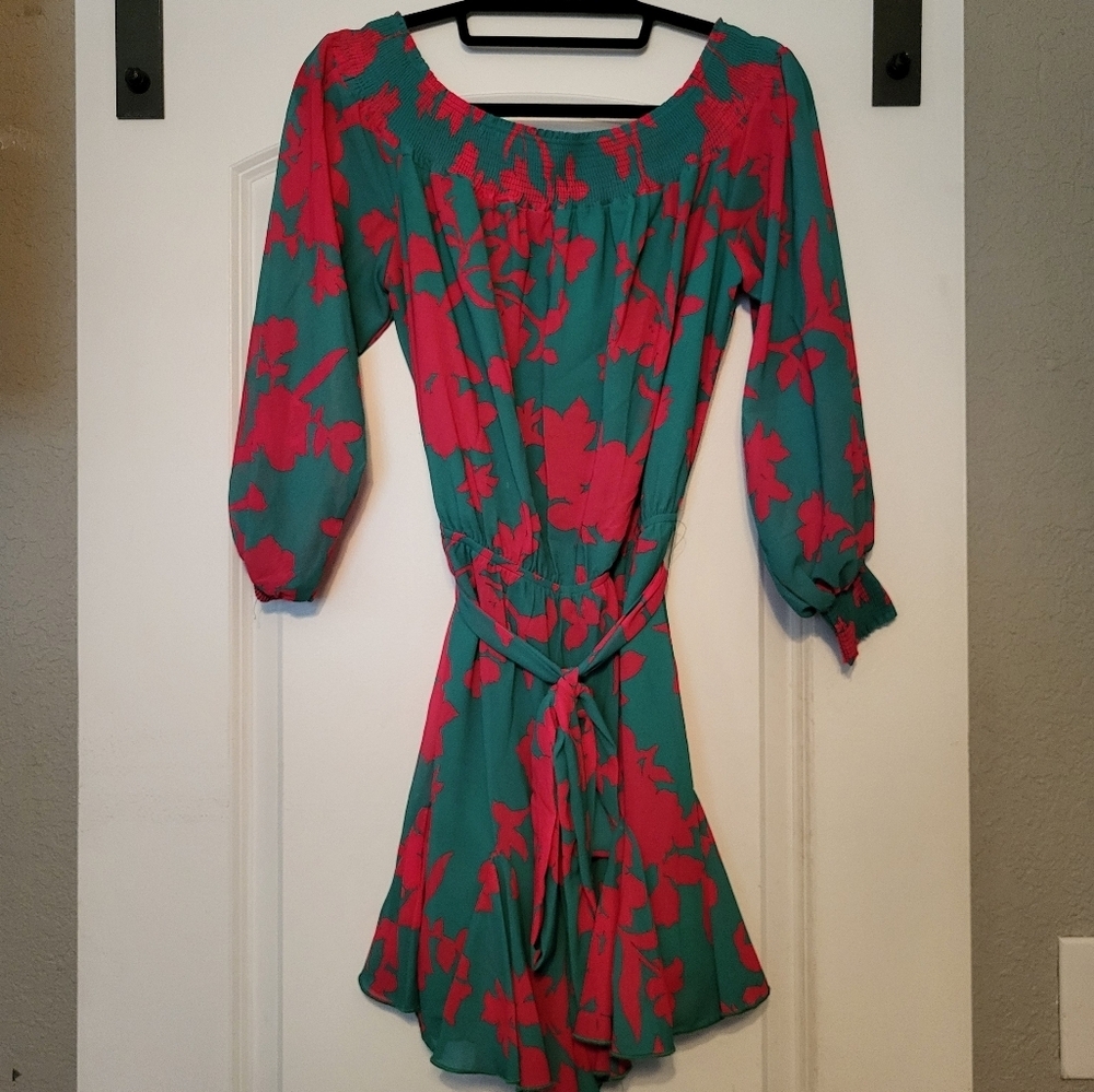 Jealous Tomato Green & Red Romper, Elastic Waist w/front Tie, Medium, Like New - Picture 1 of 9